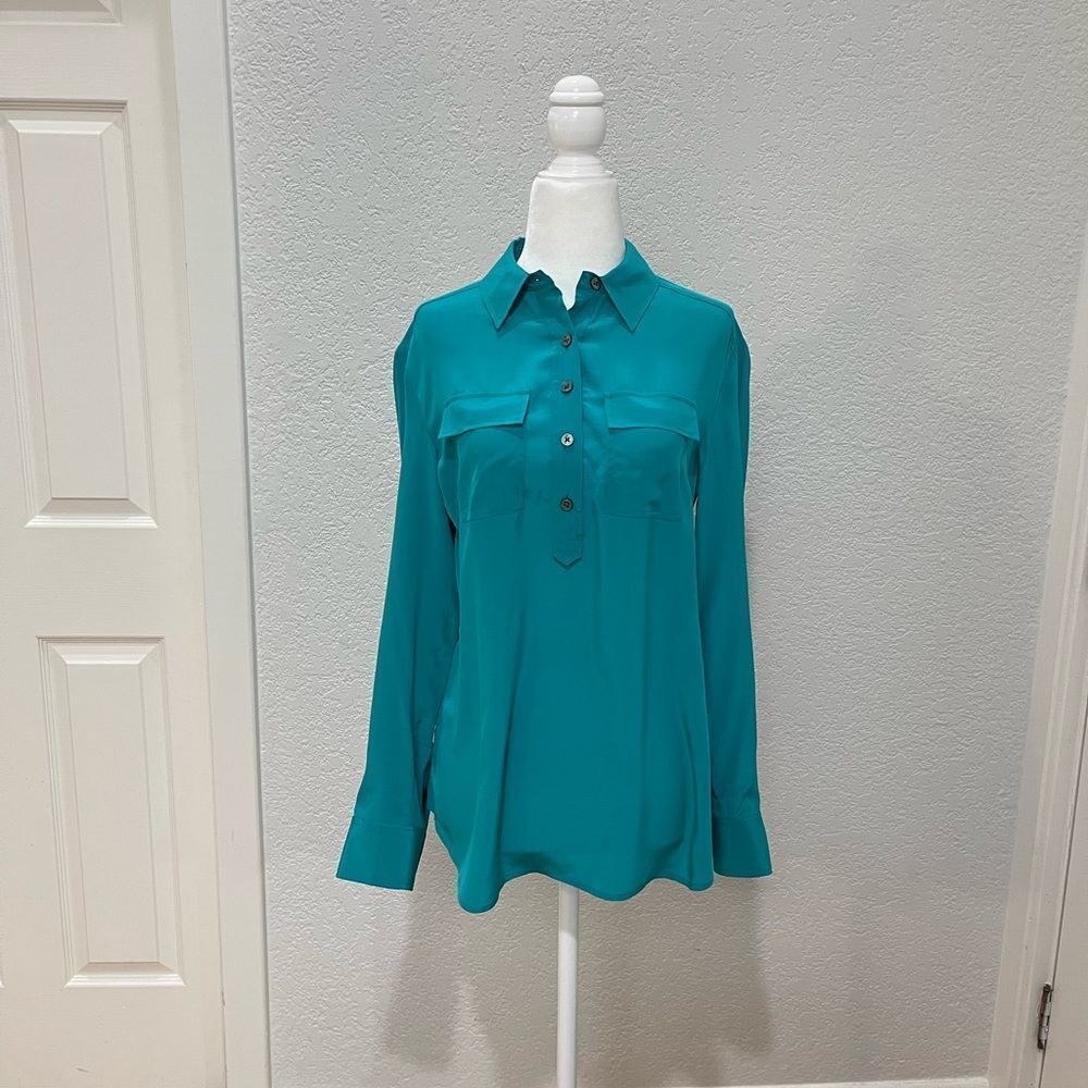 Ann Taylor Teal Green 100% Silk Popover Blouse Size 2